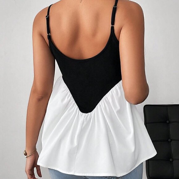Black and White Casual Women's Contrast Color Deep V-Neck Cami Top - Picture 3 of 6